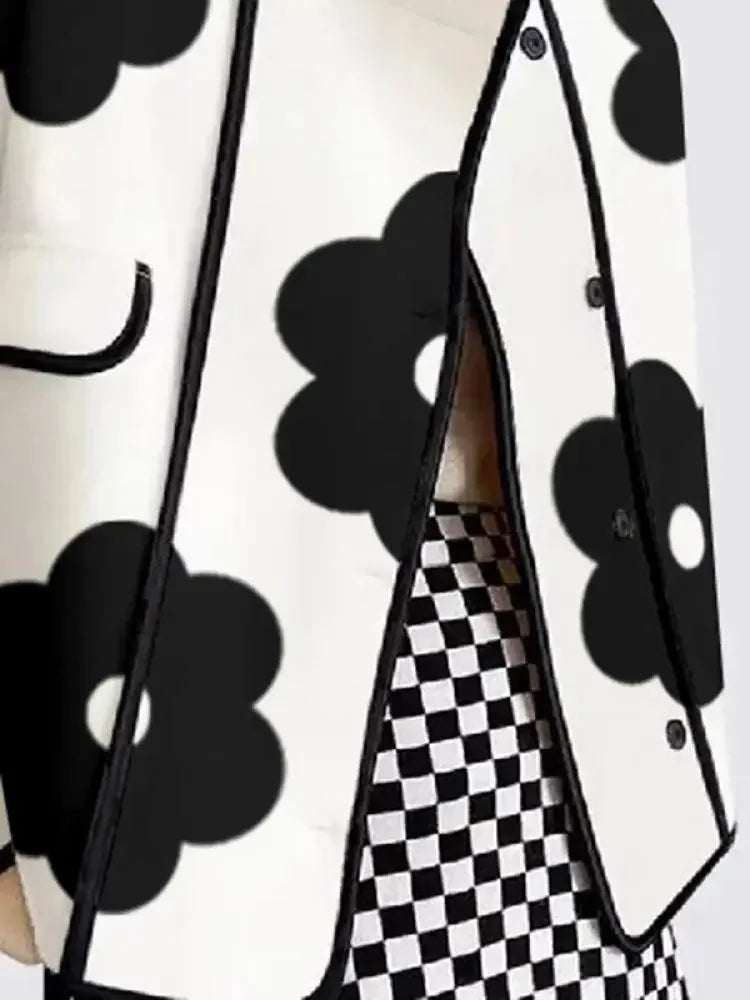 Women Spring Autumn Jackets Fashion Black Flower Print High-Neck Long Sleeves Buttoned Casual Outerwear Coats  New