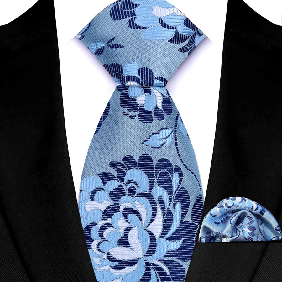 Men's Ties Set Luxury Floral Plaid Solid Light Blue Ties Business Party Formal Necktie Pocket Square Set Suits Accessory Gift