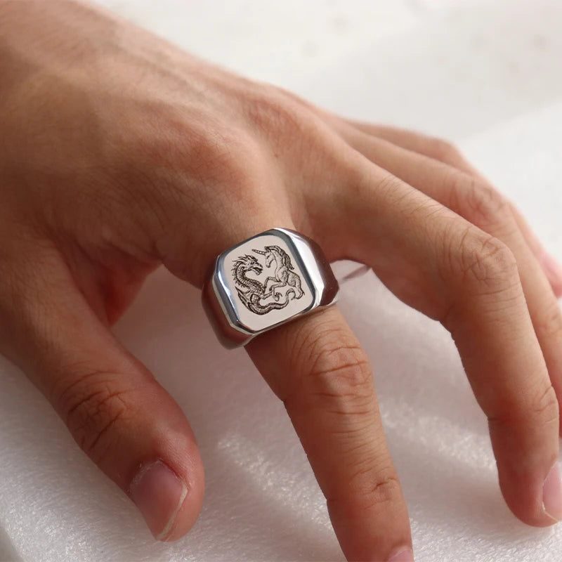 Custom Mens Rings Engraved Photo Stamp Logo Letter Fashion Gold 18mm Stainless Steel Jewelry Wide Ring For Man Party Accessories