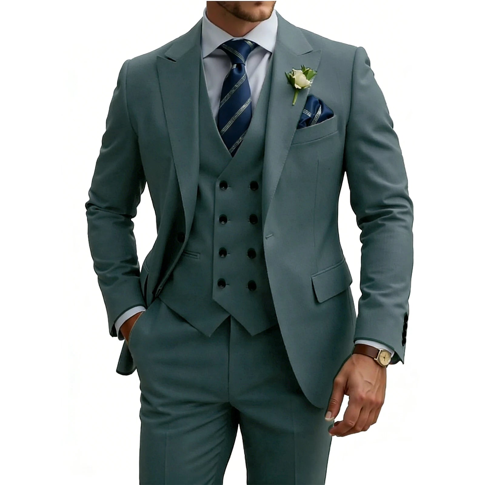 Mens 3 Piece Slim Fit For Men Double Breasted Suit Wedding Prom Suits Formal Business Dinner Tuxedo