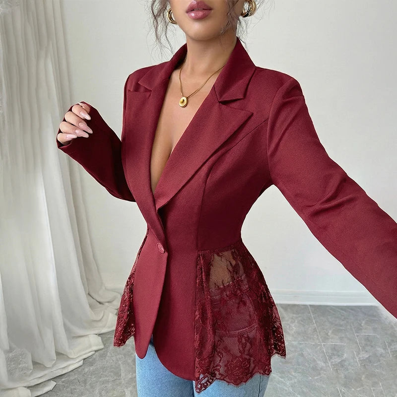 Elegant Lace Patchwork Blazer Women Fashion Notched Collar Long Sleeve One-button Perspective Sexy Versatile Suit Coat