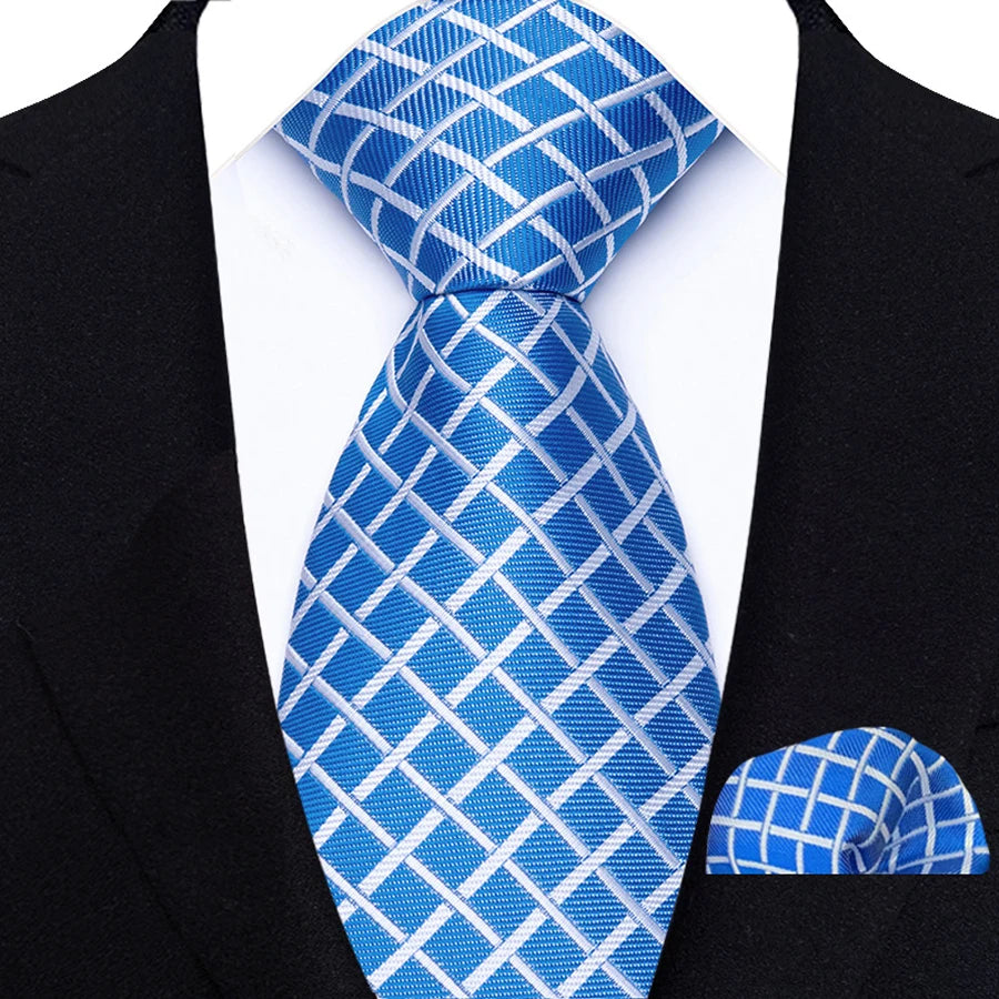 Men's Ties Set Luxury Floral Plaid Solid Light Blue Ties Business Party Formal Necktie Pocket Square Set Suits Accessory Gift