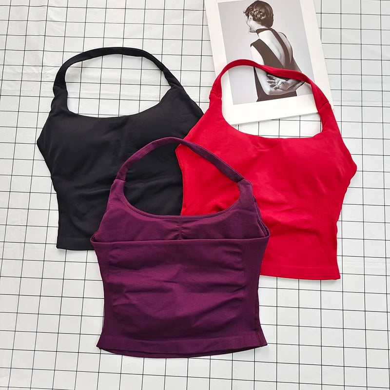 Women's Square Neck Deep Open Back Halter Bralette - Thick Straps, Slim-Fit, Removable Pads, Outerwear-Friendly Casual Top