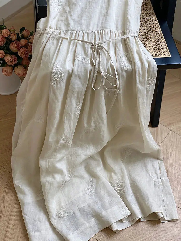 Summer Women Vest Dress Literary Style Cotton and Linen Sleeveless Mid-length A-Line Embroidery Sundress Chic Female Dress