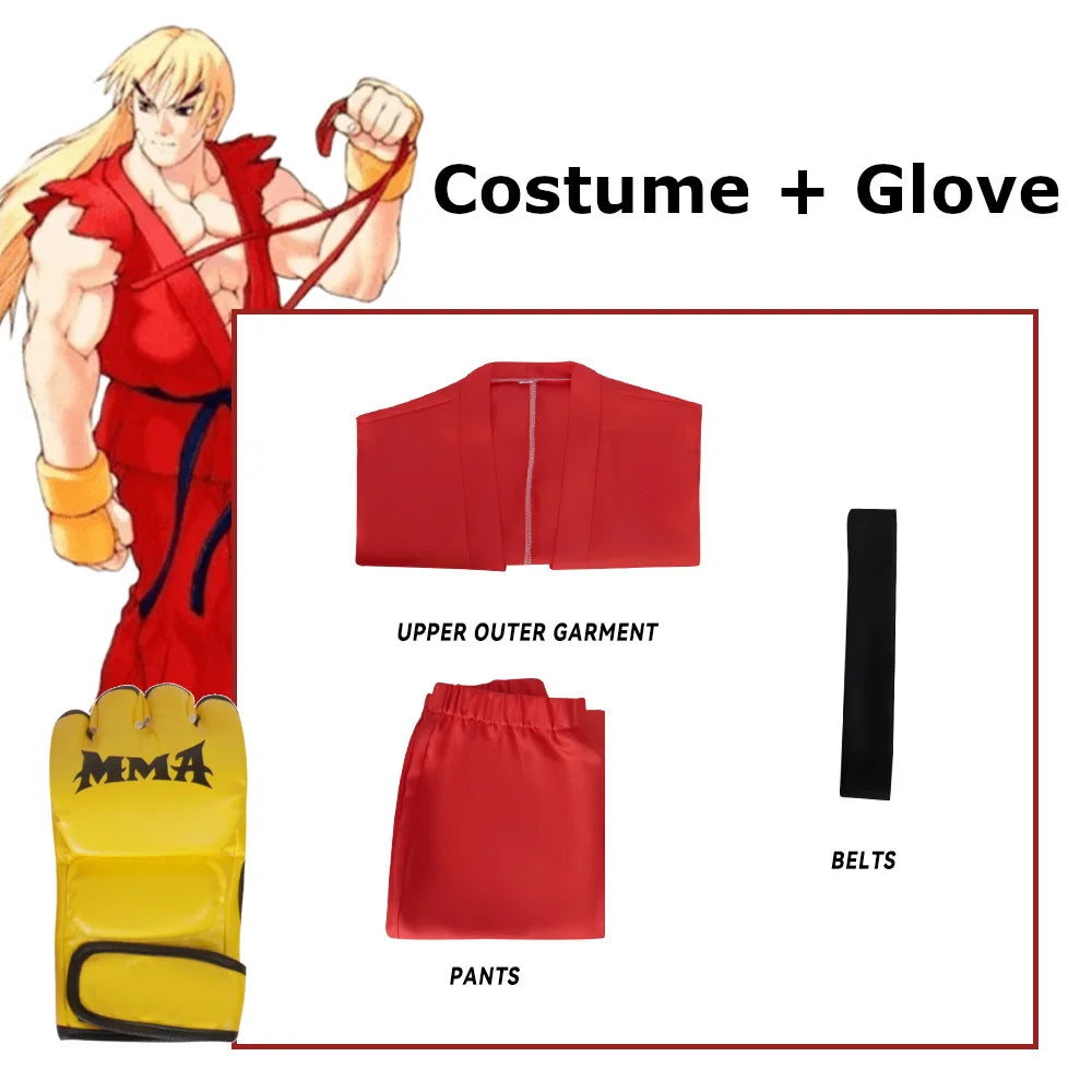 Street Fighter Ryu and Ken Cosplay Costume White and Red Martial Arts Uniform with Belt Men's Karate Outfit for Adults