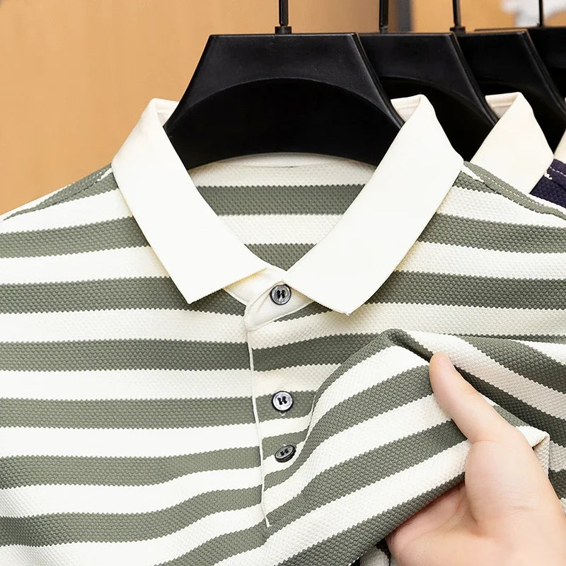 Mens Striped Polo Shirt Short Sleeve Classic Collar Breathable Casual Top For Daily Wear And Summer