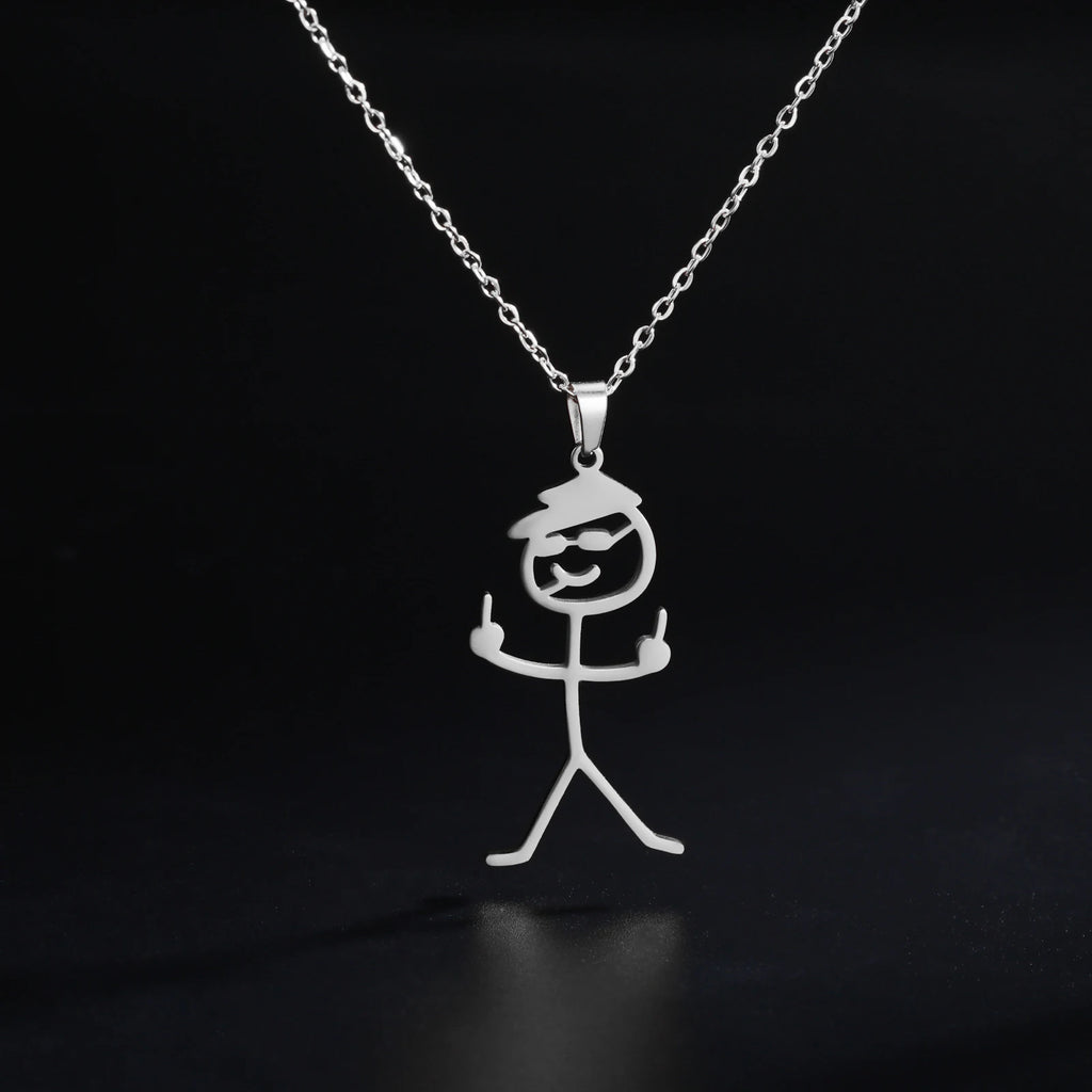 Funny Necklace for Men Woman Doodle Stickman Middle Finger Pendant Gold Color Stainless Steel Jewelry Rock Punk Chain Accessorie