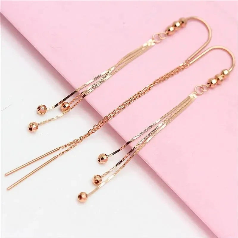 585 purple gold long ear line 14k rose gold geometric round bead fashion soft tassel chain earrings for women luxury jewelry