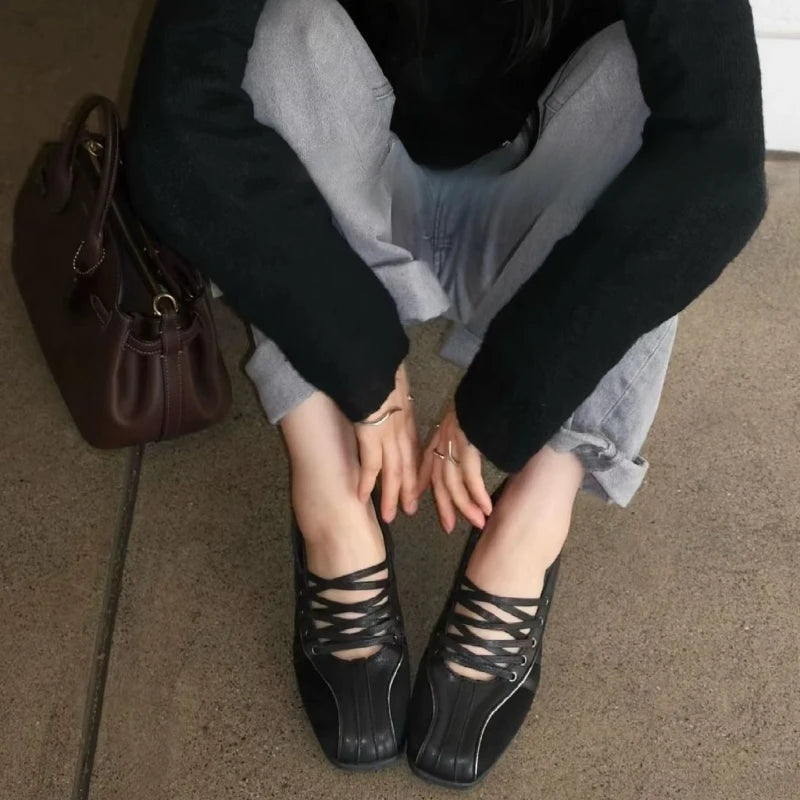 Women's ballet flats Fashion Korean ballet style lace-up retro casual shoes Comfortable lightweight ballet sneakers