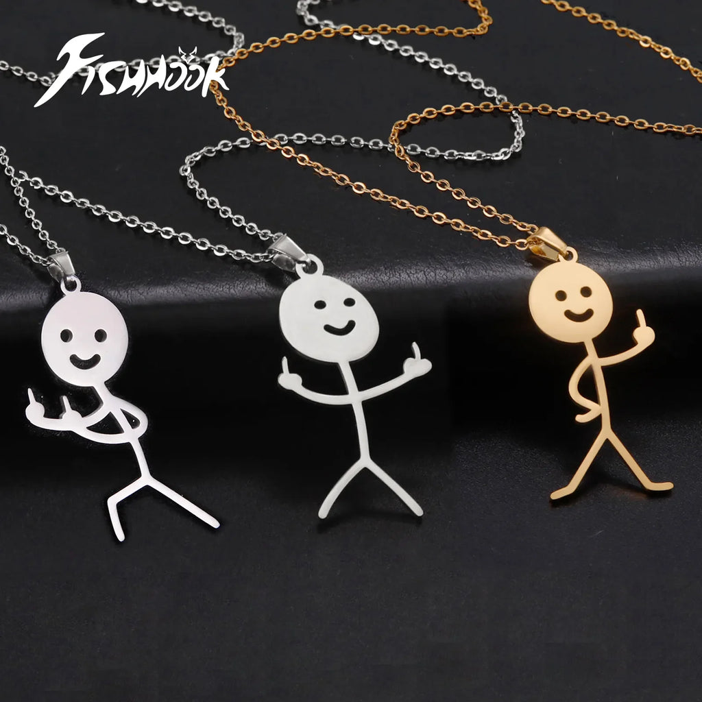 Funny Necklace for Men Woman Doodle Stickman Middle Finger Pendant Gold Color Stainless Steel Jewelry Rock Punk Chain Accessorie