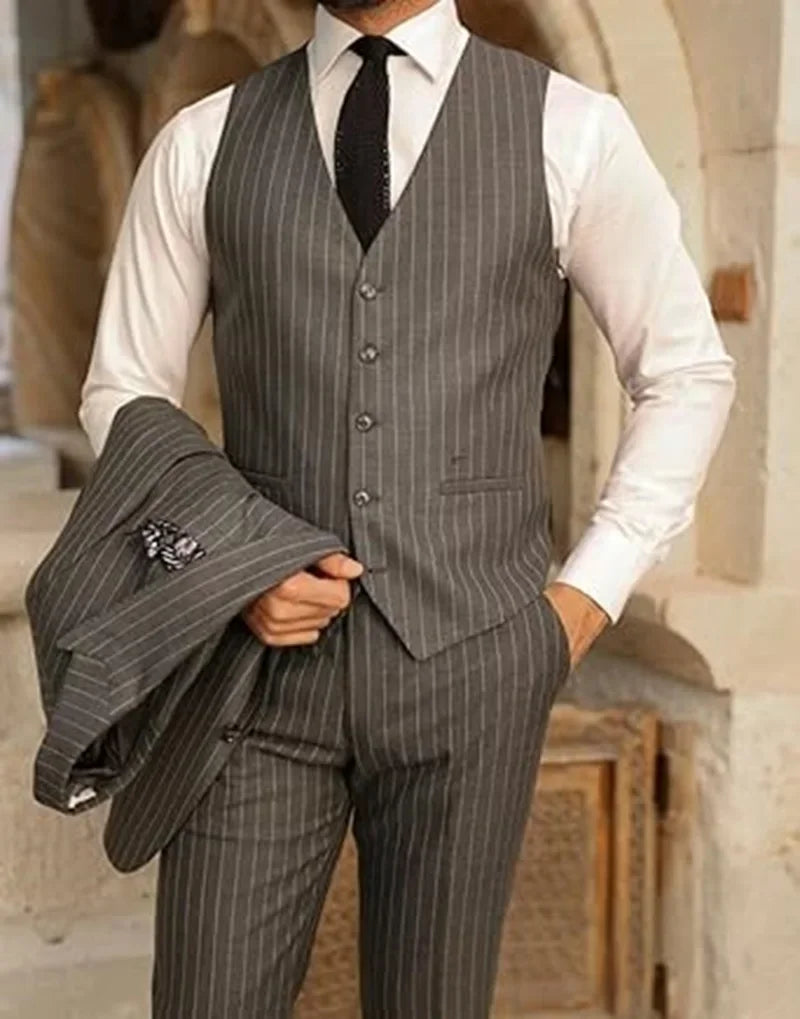 3 Piece Set Men's Fine Stripe Elegant Suit  Blazer Lapel Vest & Pants High Quality Custom Suit for Men Business Wedding