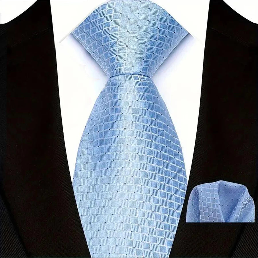 Men's Ties Set Luxury Floral Plaid Solid Light Blue Ties Business Party Formal Necktie Pocket Square Set Suits Accessory Gift