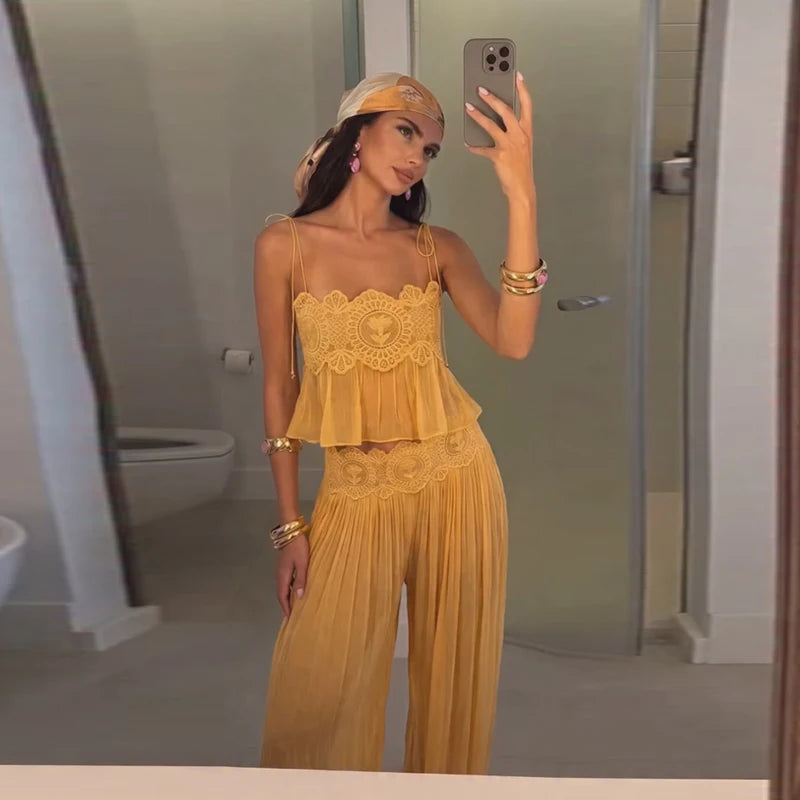 Fashion Women's Embroidery Hollow Out Vest Pants Set Sleeveless Backless Lace Up Sling Tops Loose Pleated Lantern Pant 2026 Suit