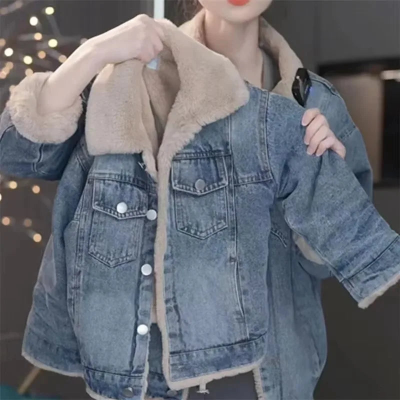 Girls Padded Denim Coat Boys Thicken Jacket Winter Children's Plus Velvet Outerwear Autumn Warm Loose Parkas Kids Fashion Clothe