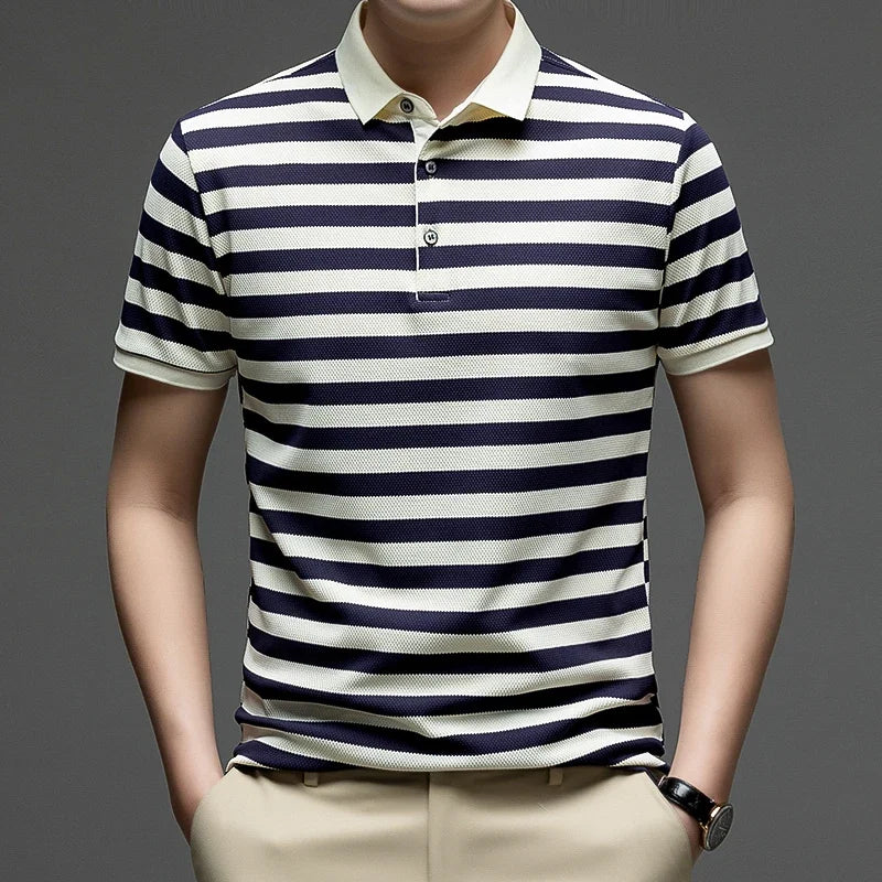 Mens Striped Polo Shirt Short Sleeve Classic Collar Breathable Casual Top For Daily Wear And Summer