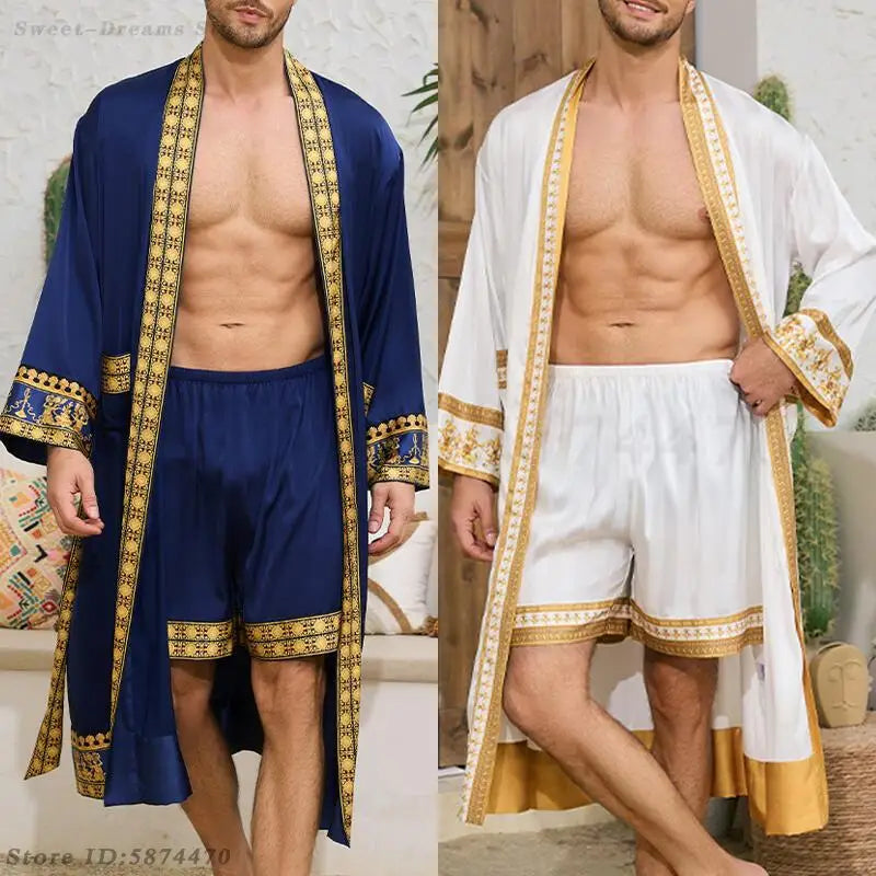 Men's Long Robe Pajamas Set Baroque Style Bathrobe Kimono Shorts Pijamas Spring Summer Sleepwear Home Clothes Satin Loungewear