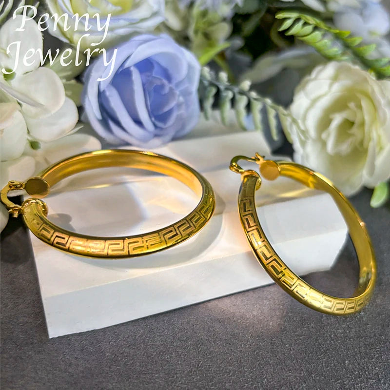 Big Round 18K Gold Plated Hoop Earrings for Women Copper Vintage Circle Earring Party Wedding Gifts Italian African Jewelry Sets