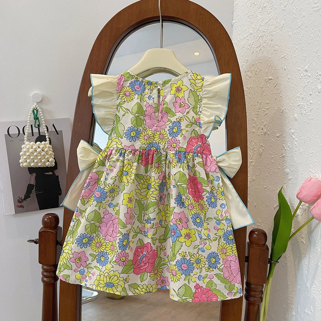 Floral Suspenders Dress for Flower Girl – Girls Casual Wedding Dress with Flower Print, Ages 3-7 Years Baby Girl Dress