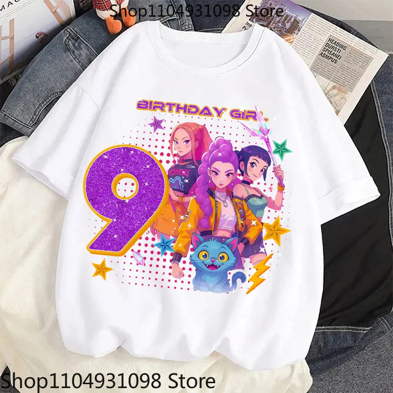 Cute Hunter Theme Girls T-Shirt Kids Music Fan Cartoon Print Birthday Tee Summer Casual Top