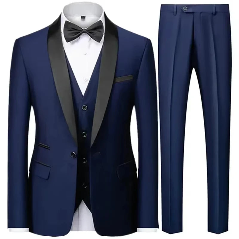 Men's 3 Piece Tuxedo Suit Set One Button Satin Shawl Lapel Slim Fit Blazer Vest Pants For Formal Business Wedding Groom