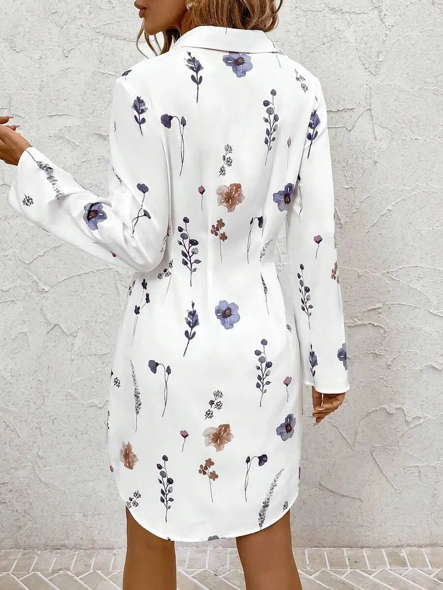 Summer Vacation Outfits Women's Autumn/Winter Fashionable Versatile Commuter Floral Print Shirt Dress Fall Women Clothes Dress,S
