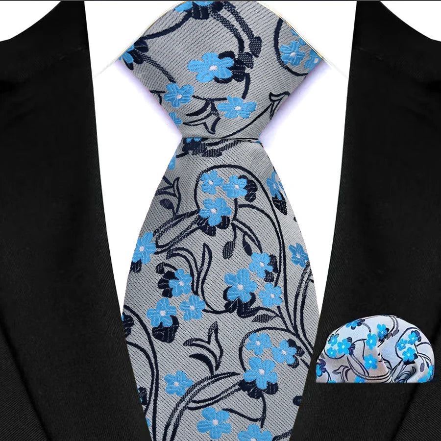 Men's Ties Set Luxury Floral Plaid Solid Light Blue Ties Business Party Formal Necktie Pocket Square Set Suits Accessory Gift