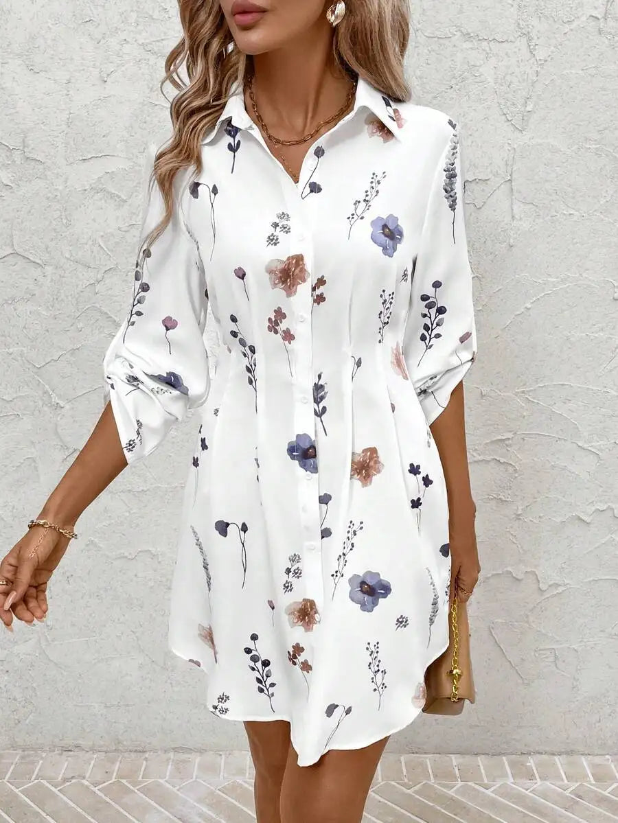 Summer Vacation Outfits Women's Autumn/Winter Fashionable Versatile Commuter Floral Print Shirt Dress Fall Women Clothes Dress,S