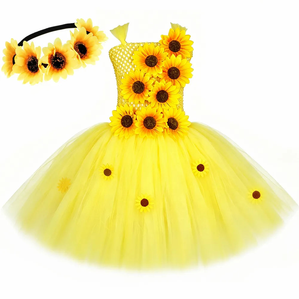 Fall Autumn Sunflower Fairy Princess Dress for Girls Thanksgiving Holiday Party Costume Set Yellow Kids Flower Girl Tutu Dresses