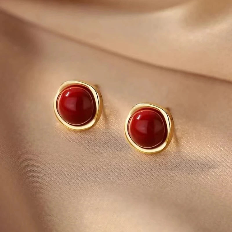 Real 925 Sterling Silver 14K Gold Red Bead Geometric Mini Stud Earrings For Women Classic Fine Jewelry Light Luxury Accessories