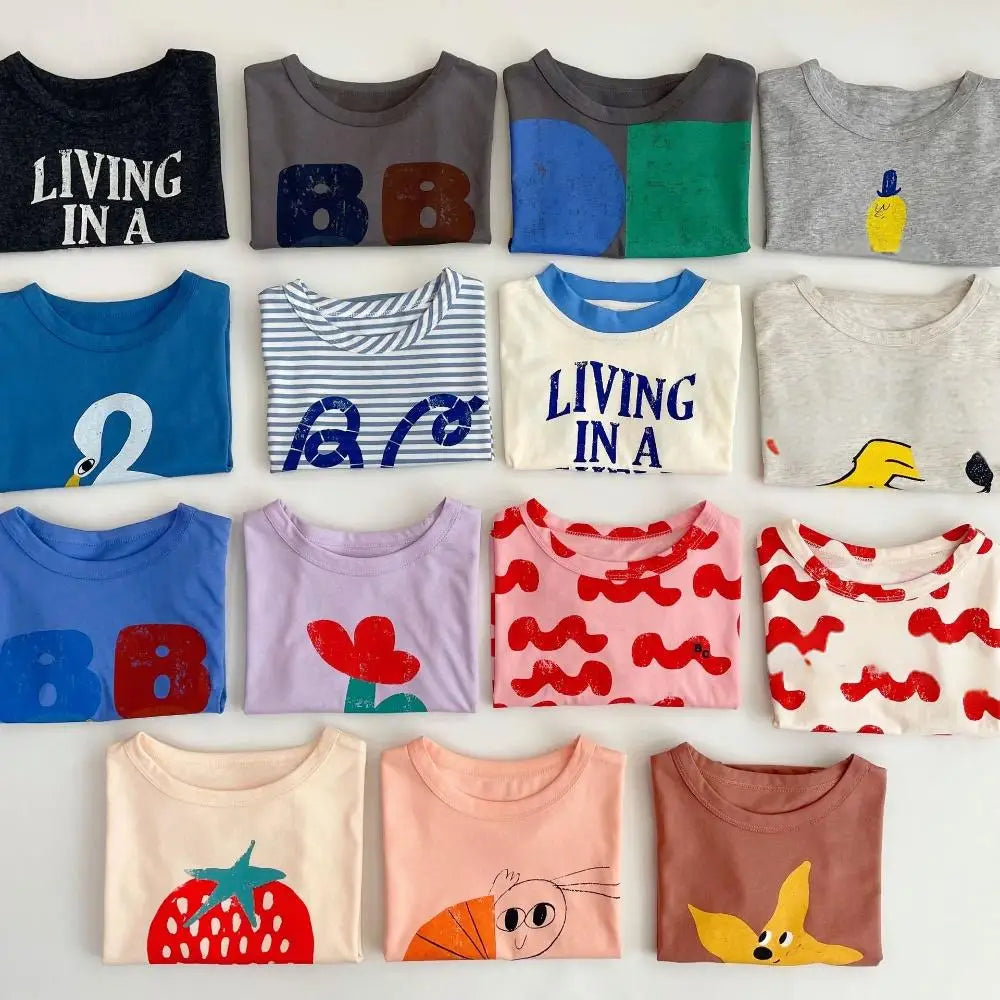 Korea Style Kids T-shirt Summer Casual Cartoon Letter Print Short Sleeve Boys & Girls Fun Top Children's Vest Clothing 2026