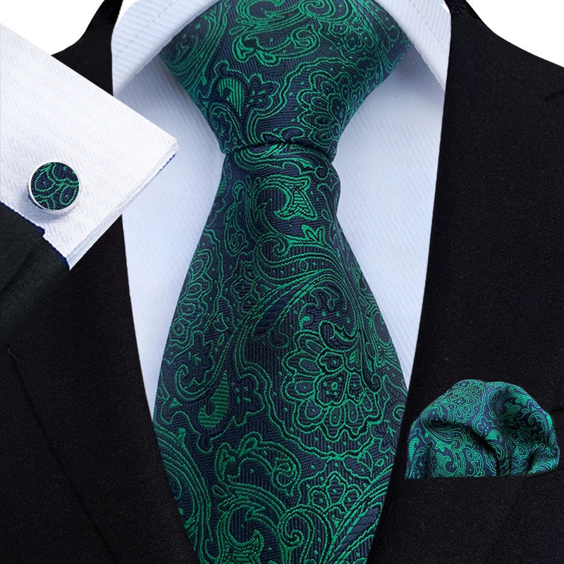 Men Ties Set Green Floral Paisley Necktie Business Formal Pocket Square Cufflinks Set For Wedding Party Accessories Cravat