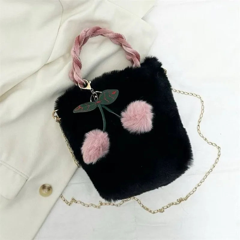 Cute Cherry Girl Plush Handbag Women's New Autumn and Winter Furry Shoulder Messenger Bag Fashion Furry Small Bag