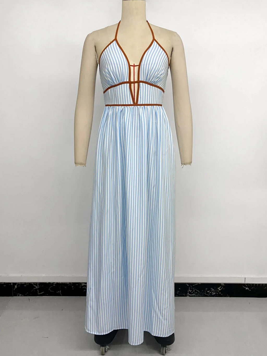 Summer Blue Striped Backless Beach Dress Women Sexy Halter V-neck Sleeveless Maxi Dress Female Holiday Party Dress 2026 New