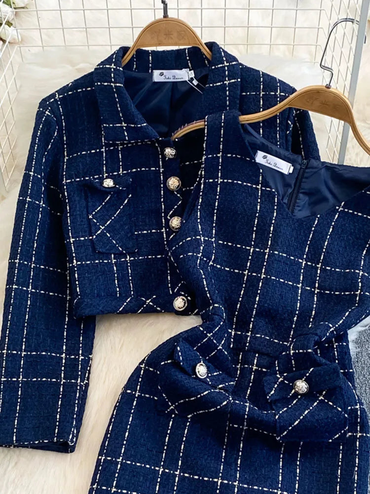 Autumn Dress Suit Women Luxury Korean Chic Blue Tweed Jacket + Vest Dress Elegant 2 Piece Set Long Sleeve Cropped Coat