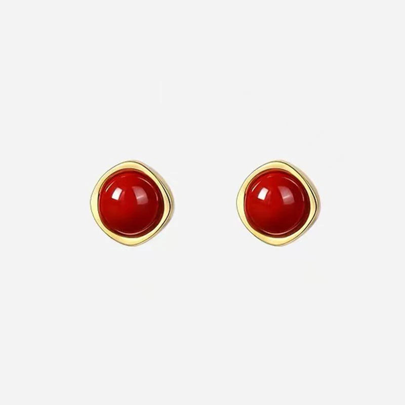 Real 925 Sterling Silver 14K Gold Red Bead Geometric Mini Stud Earrings For Women Classic Fine Jewelry Light Luxury Accessories