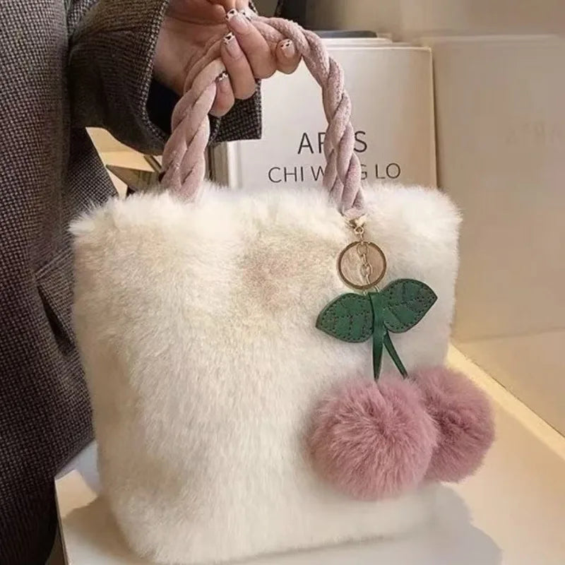 Cute Cherry Girl Plush Handbag Women's New Autumn and Winter Furry Shoulder Messenger Bag Fashion Furry Small Bag