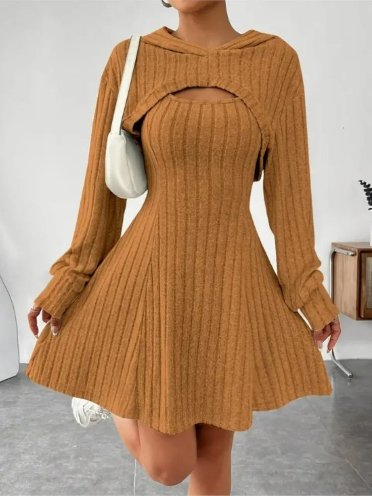 Autumn Winter Fashion Knitted Women's Dress Suit Long-sleeved Hoodie Top + Elegant Female Sleeveless A-line Tank Top 2-piece Set