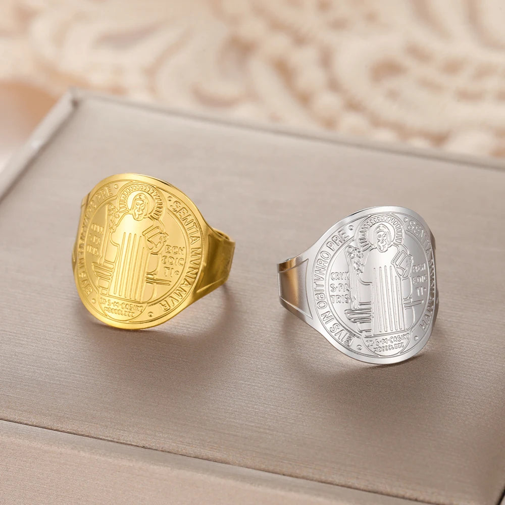 Dawapara Saint Benedict Adjustable Ring Christian Exorcism Blessed By Pope Men Religious Ring Stainless Steel Wedding Band