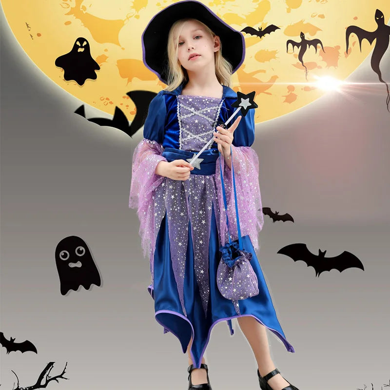 Halloween Party Costumes Witch Dress for Girls Kids Cosplay Carnival Witch Costume Pumpkin Dress Up With Bag Hat Wand Clothing