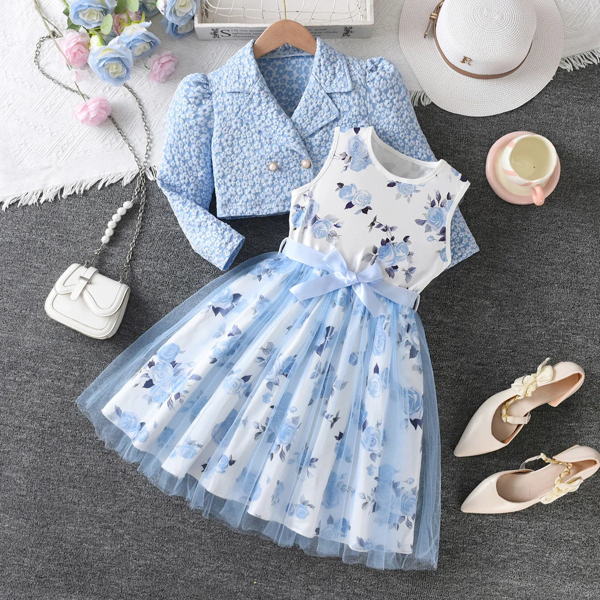 Elegant Girl Suits Dress Clothes Set Teenager Girl Princess Dresses Mesh Ball Gown with Jacket Floral Party Wedding Formal Kids