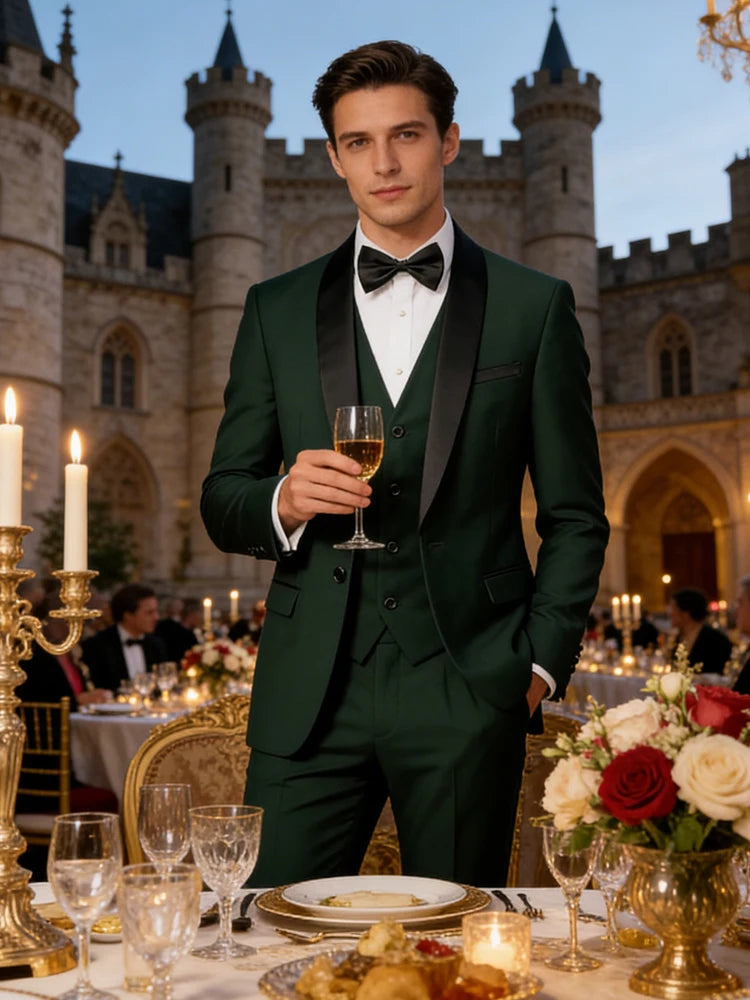 Men's 3 Piece Tuxedo Suit Set One Button Satin Shawl Lapel Slim Fit Blazer Vest Pants For Formal Business Wedding Groom