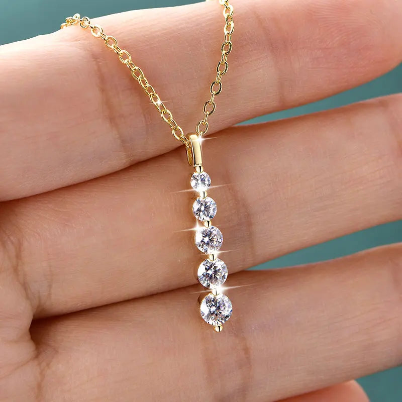 Lnngy Brilliant 5-Stone Moissanite Necklace 14K Gold Filled Long Drop Pendant Necklace for Women Female Jewelry Accessories