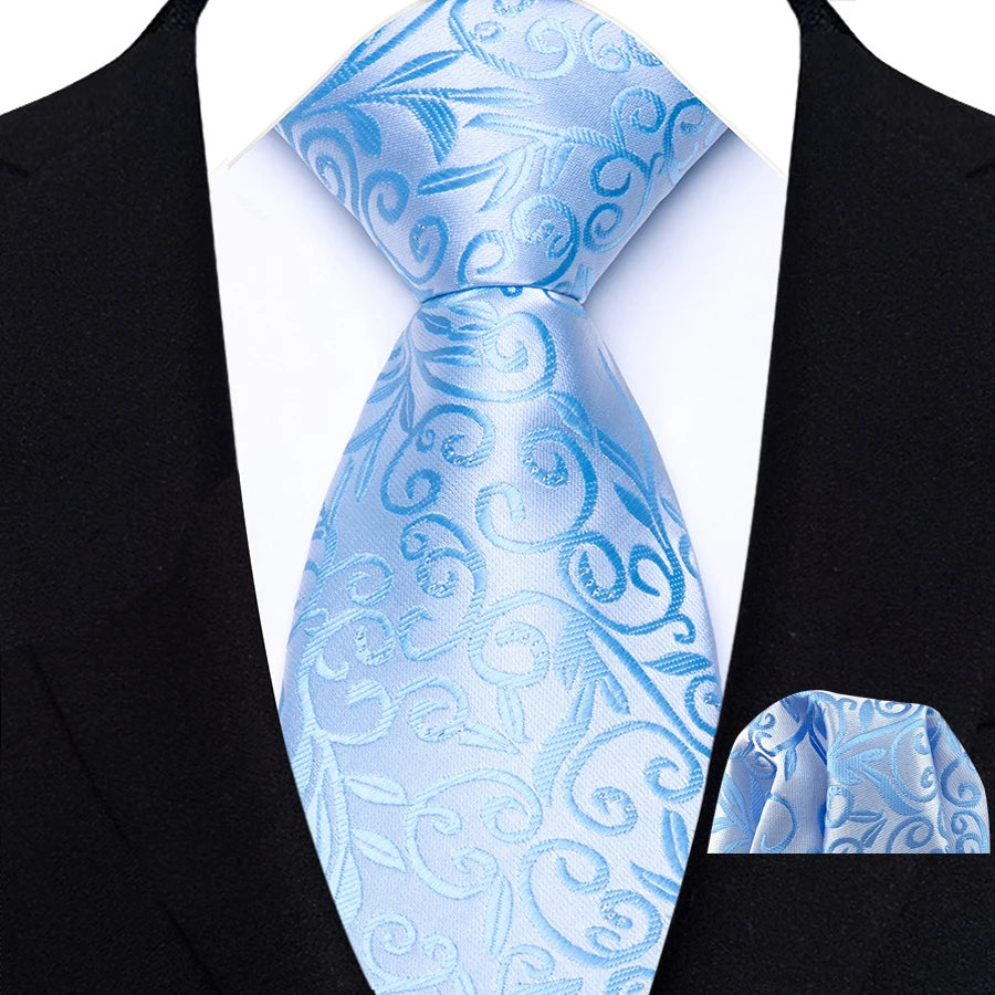 Men's Ties Set Luxury Floral Plaid Solid Light Blue Ties Business Party Formal Necktie Pocket Square Set Suits Accessory Gift