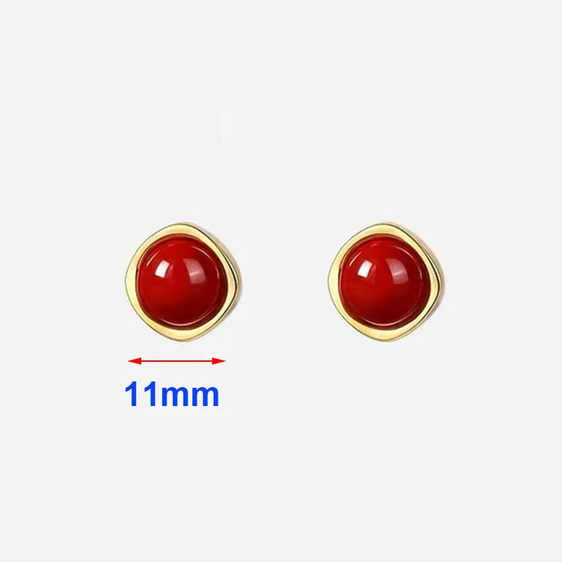 Real 925 Sterling Silver 14K Gold Red Bead Geometric Mini Stud Earrings For Women Classic Fine Jewelry Light Luxury Accessories