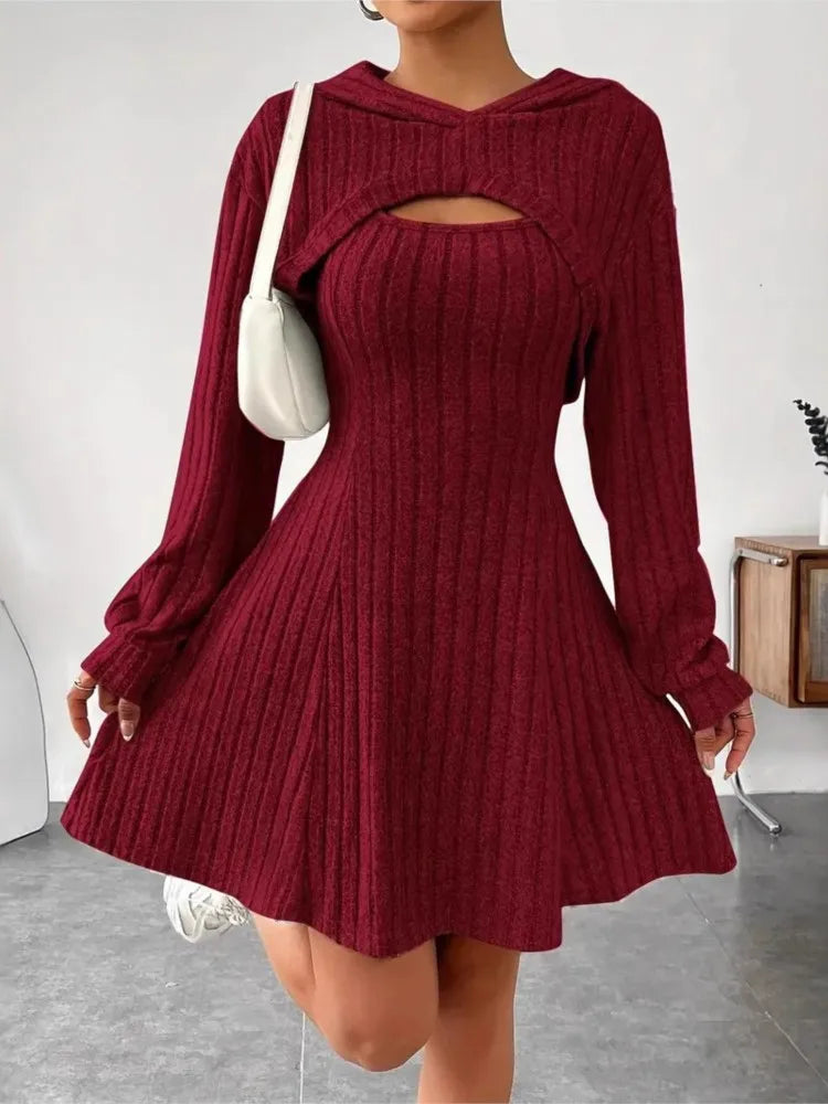 Autumn Winter Fashion Knitted Women's Dress Suit Long-sleeved Hoodie Top + Elegant Female Sleeveless A-line Tank Top 2-piece Set