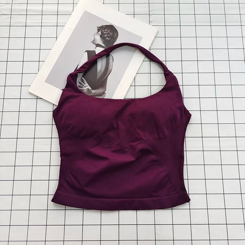 Women's Square Neck Deep Open Back Halter Bralette - Thick Straps, Slim-Fit, Removable Pads, Outerwear-Friendly Casual Top