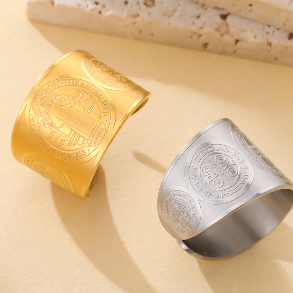 Dawapara Saint Benedict Adjustable Ring Christian Exorcism Blessed By Pope Men Religious Ring Stainless Steel Wedding Band