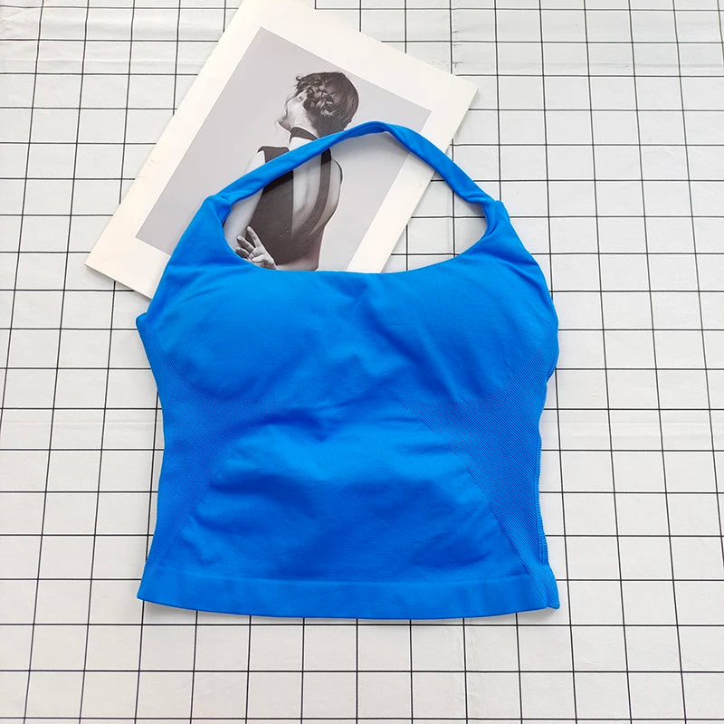 Women's Square Neck Deep Open Back Halter Bralette - Thick Straps, Slim-Fit, Removable Pads, Outerwear-Friendly Casual Top