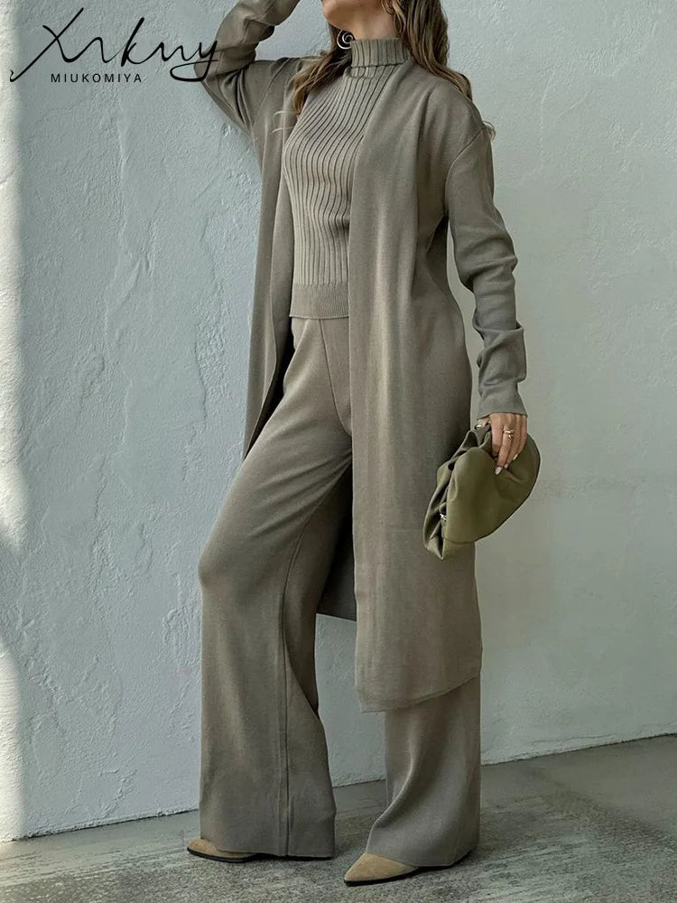 Spring 3 Pieces Set Outfits Women Knitted Suits Pants Sets Khaki Turtleneck Vest Long Cardigans Loose 3 Pieces Suit For Women
