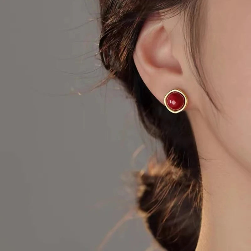 Real 925 Sterling Silver 14K Gold Red Bead Geometric Mini Stud Earrings For Women Classic Fine Jewelry Light Luxury Accessories